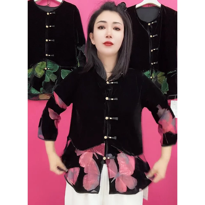 秋季新款时尚洋气拼接显瘦品质百搭小衫金丝绒妈妈装新中式上衣女