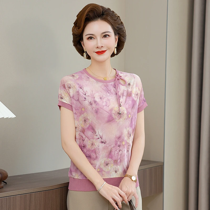 妈妈装夏针织冰丝衫短袖中老年透气亲肤印花中式国风优雅清凉上衣