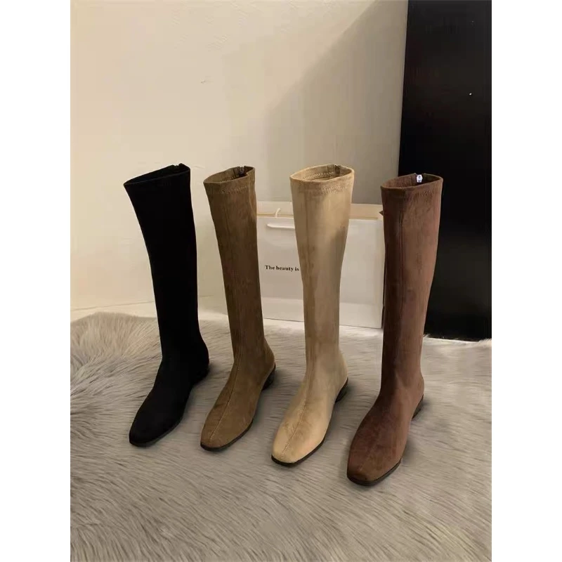 粗跟绒面弹力靴不过膝长靴女鞋2025年秋冬季新款后拉链高筒瘦瘦靴