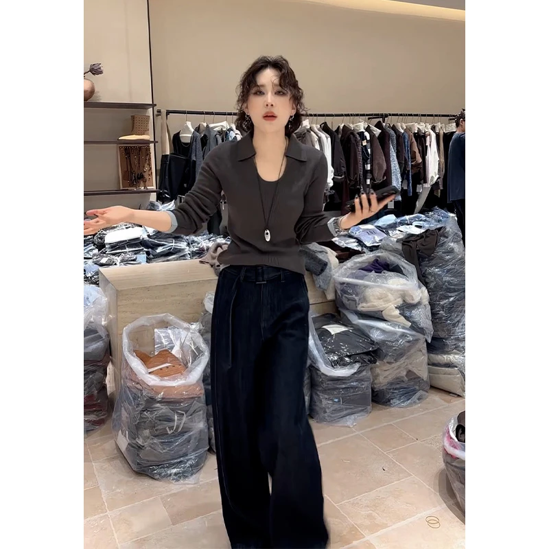 早秋新款时尚纯欲风显瘦百搭U领拼色上衣搭配休闲牛仔裤两件套装