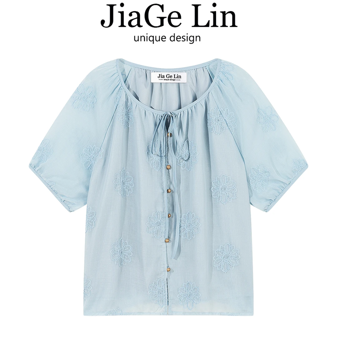 JiaGeLin法式设计感刺绣花朵短袖衬衫女夏季洋气减龄宽松显瘦上衣