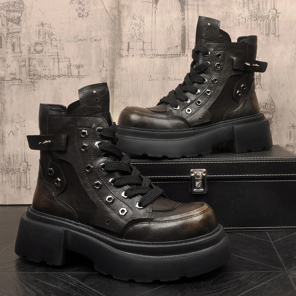 秋冬季新款男士复古马丁靴欧洲站潮流百搭系带户外工装皮靴内增高