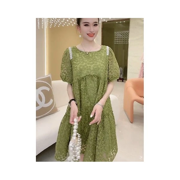 8542欧货夏季新款高级感重工钉珠短袖连衣裙女宽松洋气减龄裙子潮