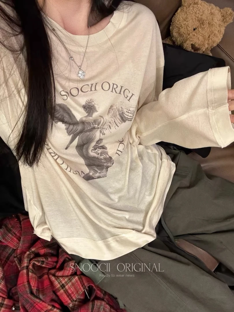 1207夏季新款美式复古慵懒风宽松休闲字母印花防晒T恤长袖罩衫