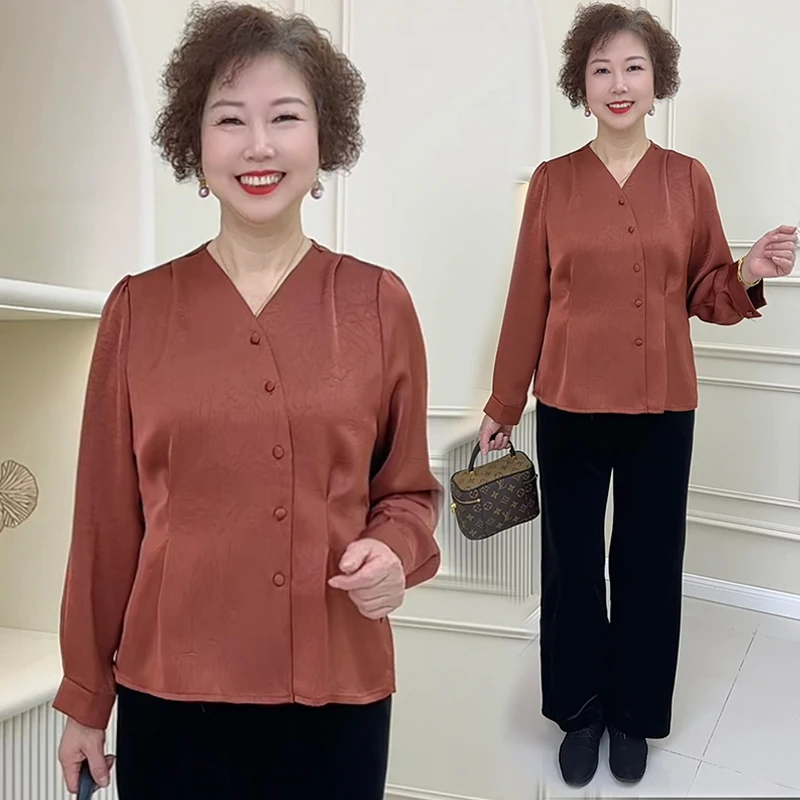 妈妈春装新款洋气长袖衬衫阔太太高贵夫人T恤打底单穿中老年女装