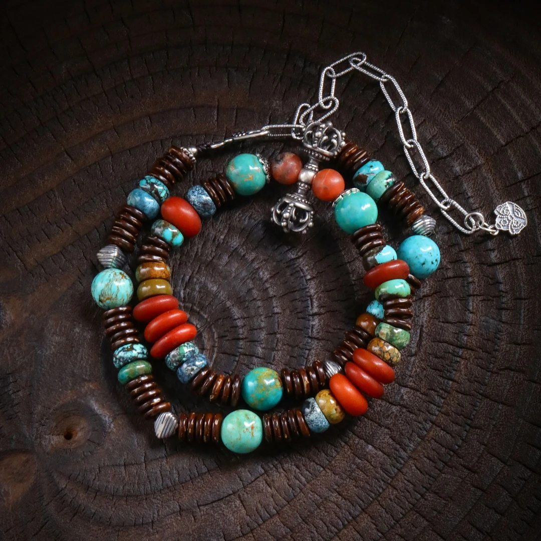 链子925银 大头姐N18363 祥云杵包浆红珠饼子蓝珠算盘珠项链