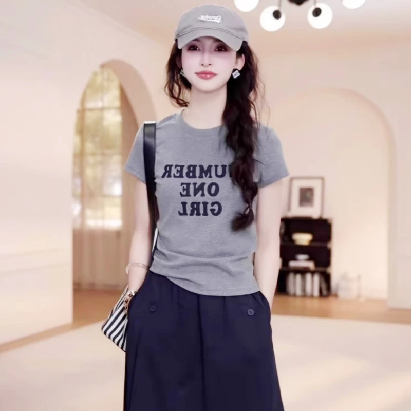 2025夏季韩版简约字母短袖t恤女新款爆款高级感时尚时髦灰色上衣