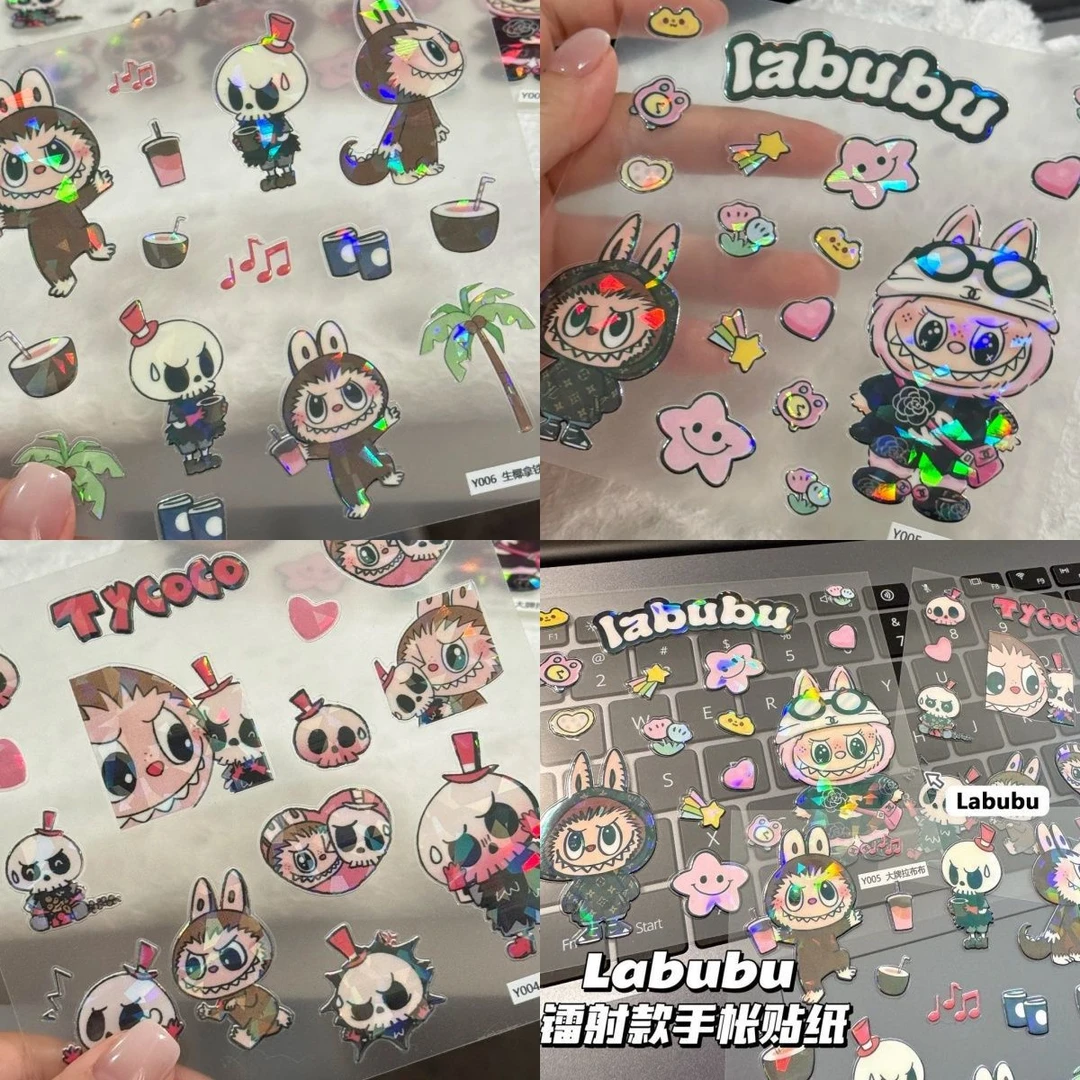 labubu拉布布可爱卡通镭射贴纸立体diy装饰冰箱水杯手机壳贴防水