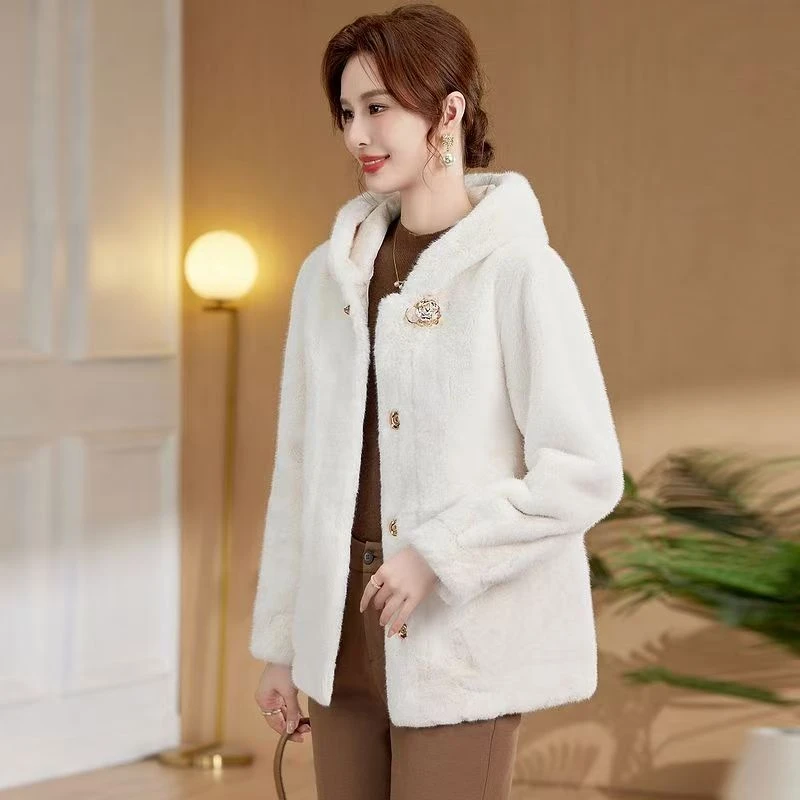 时尚百搭女士连帽貂绒外套加厚保暖遮肉显瘦002