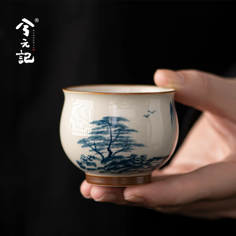 兮元记草木灰手绘山水陶瓷茶杯主人杯个人专用高档束口杯单个茶具