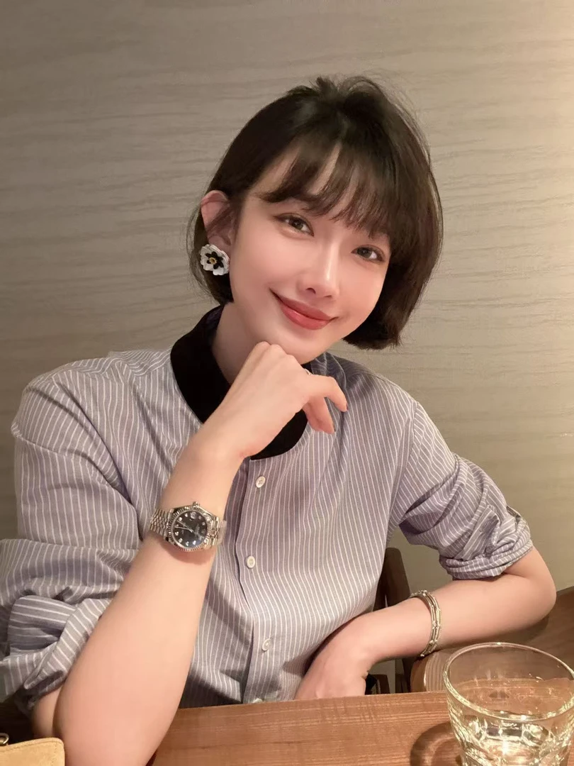 【Winnie】优雅条纹 精致丝绒拼接立领条纹衬衫CT7631