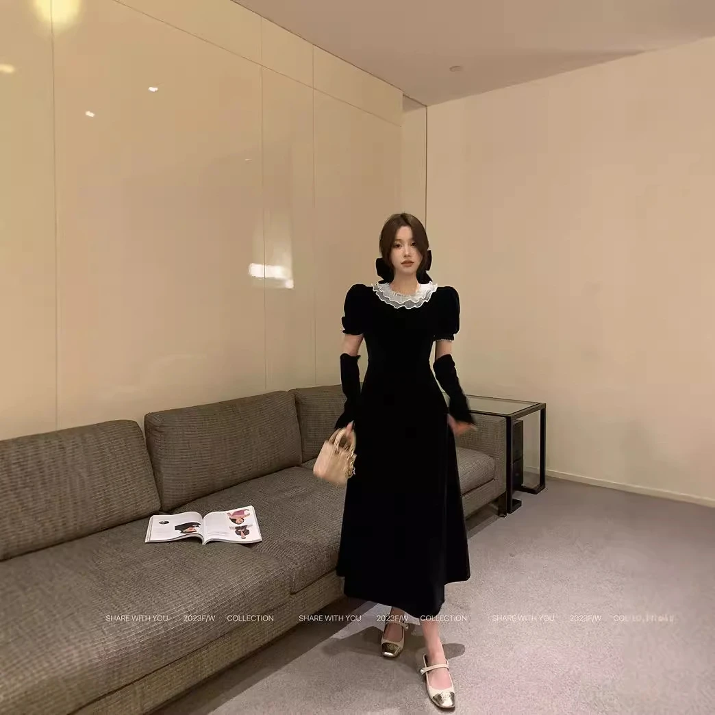 2024年秋冬款中淑风气质大码女装新款花边领黑色丝绒连衣裙含袖套