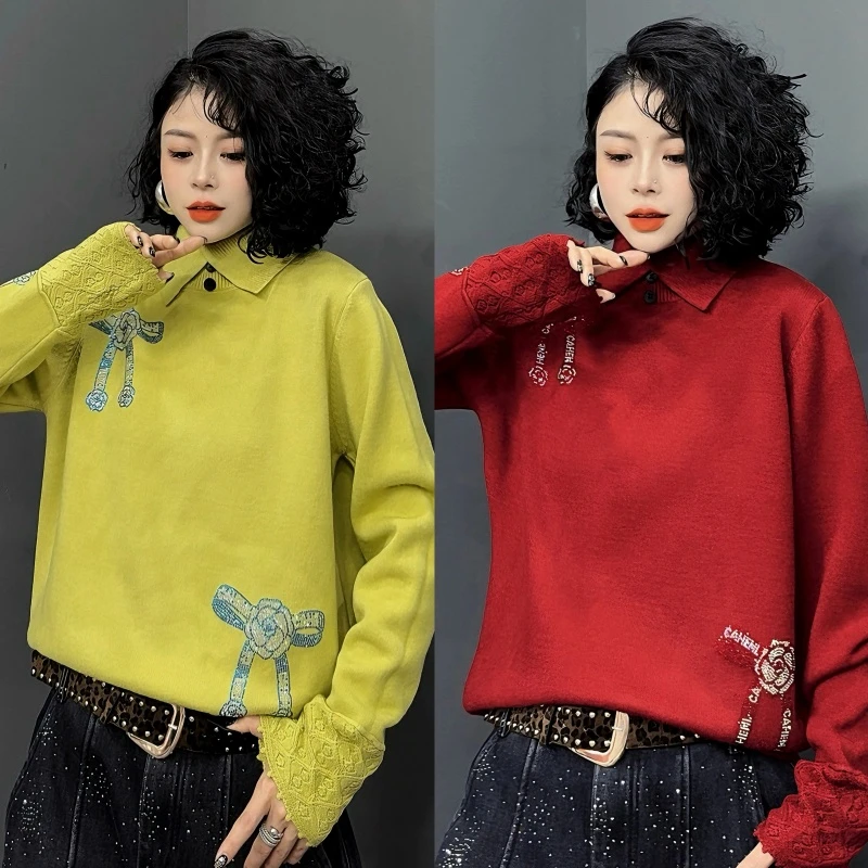 【亿火】慵懒时尚百搭常规烫钻翻领长袖毛衣-G247-23880