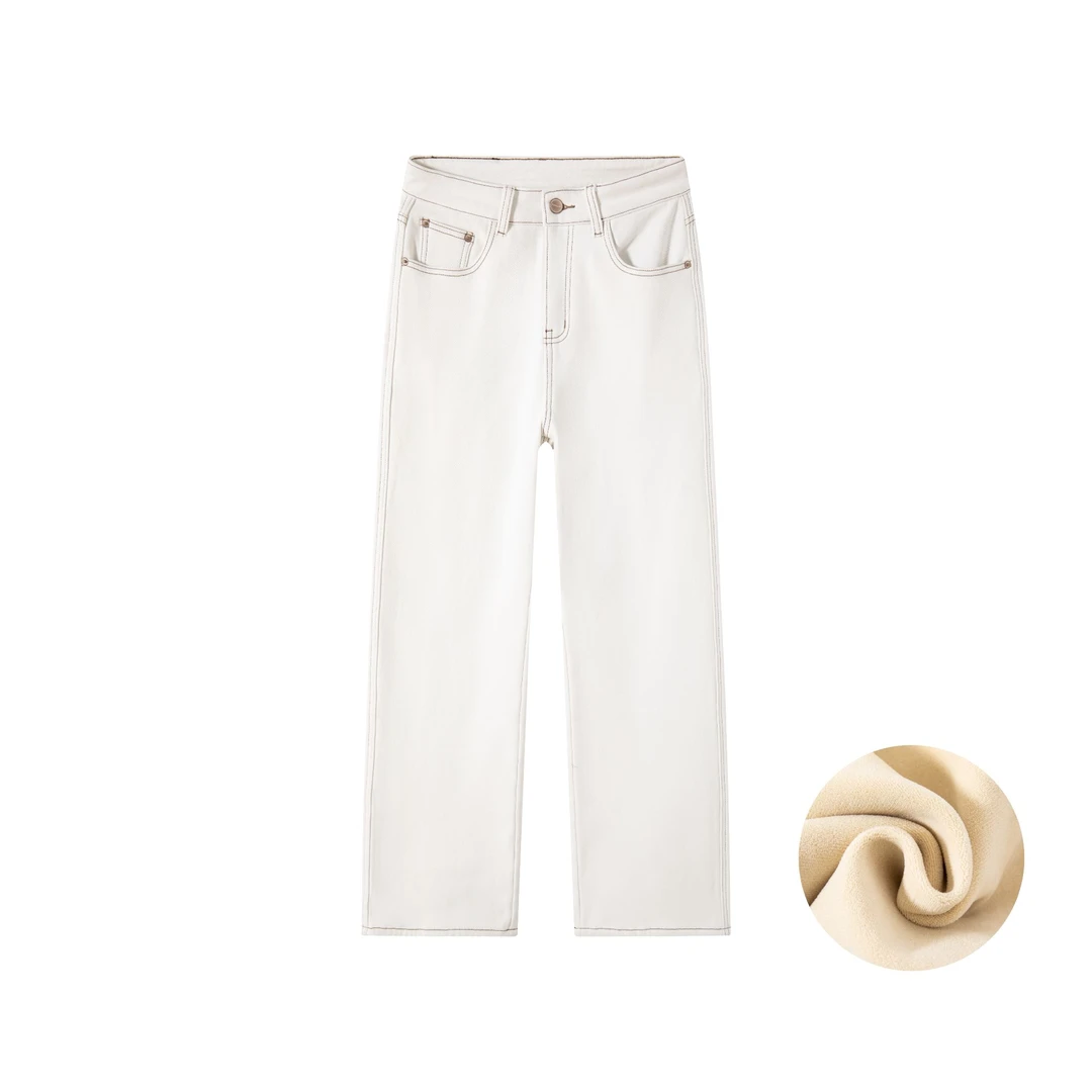 2025秋冬白牛加绒窄版直筒阔腿裤女白牛显瘦垂感牛仔#6803