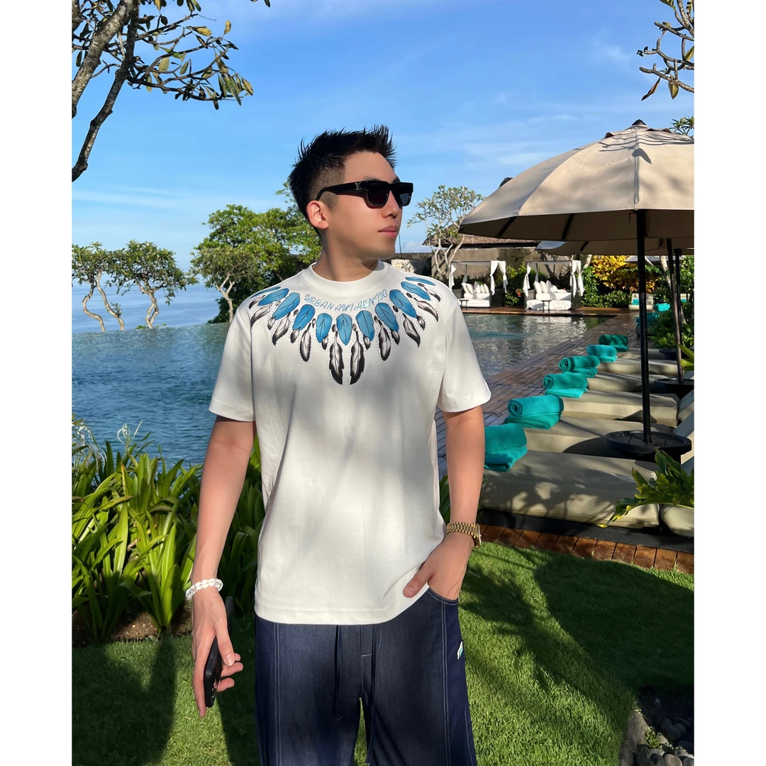 【蓝色羽毛】25春夏高桥系列液氨棉彩钻字母短袖T恤男士休闲夏季