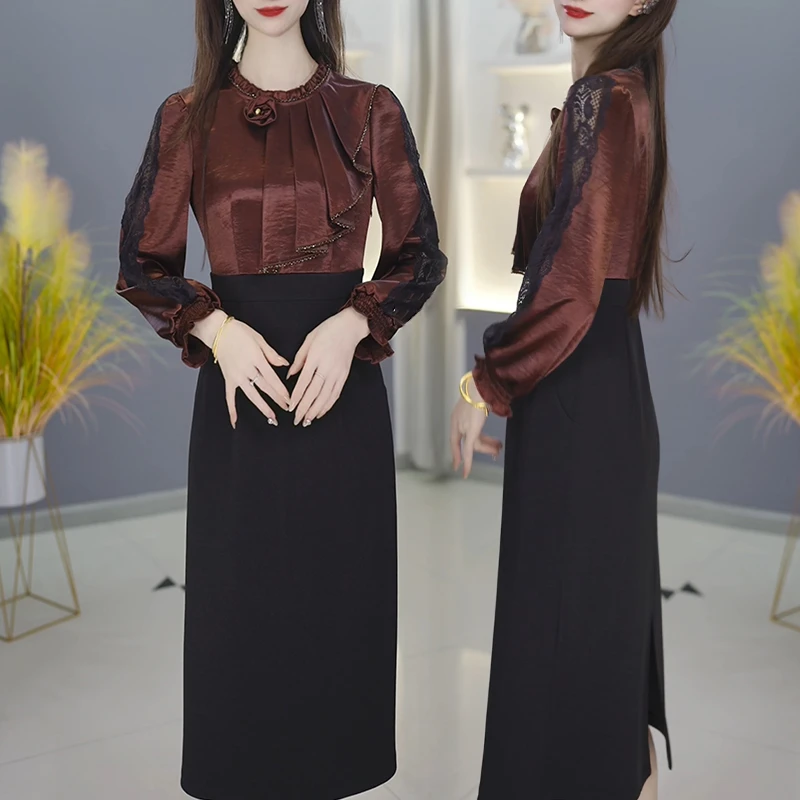 【宠粉定制】B58暗红色连衣裙优雅减龄收腰显瘦春季设计感连衣裙