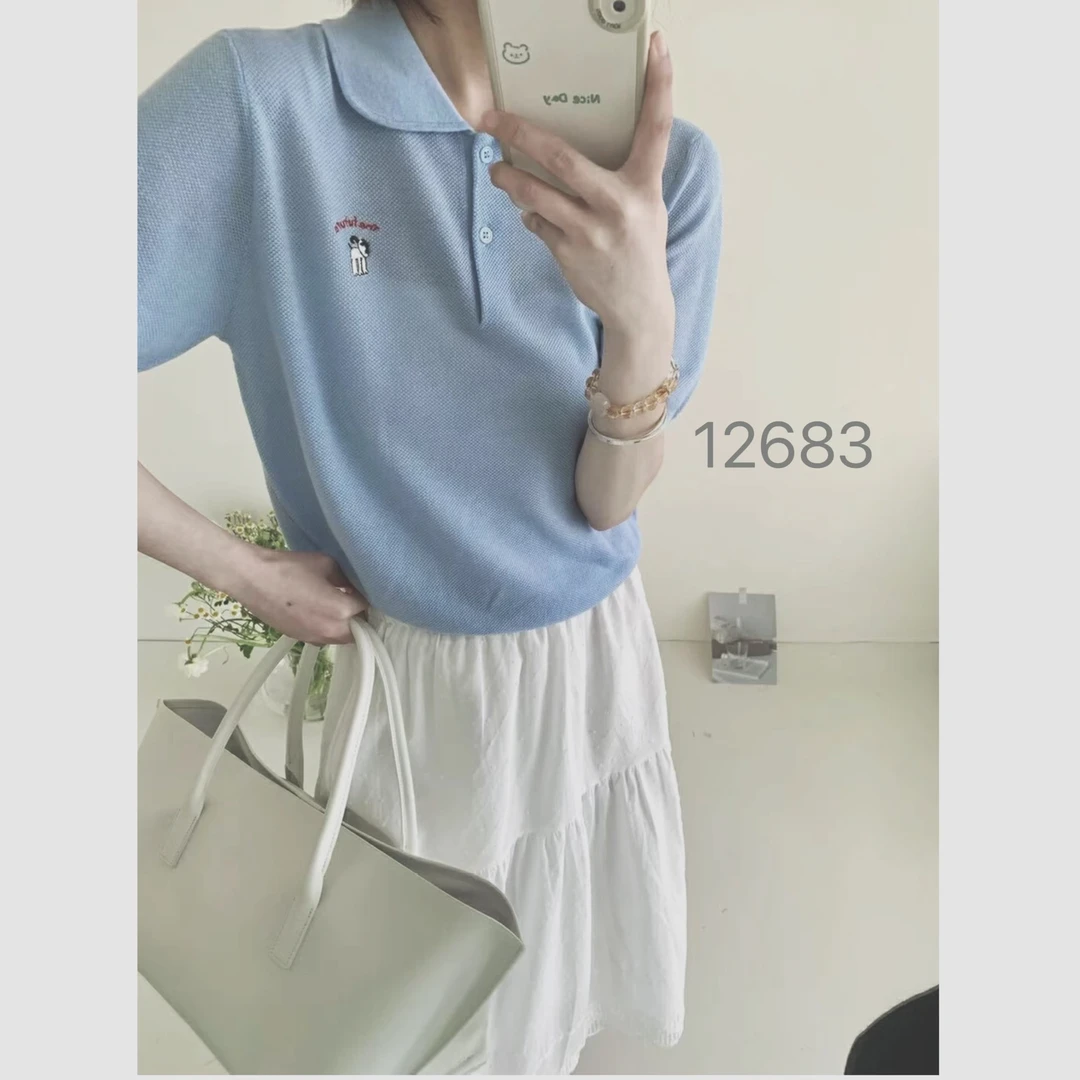 12683（部分无水洗唛，介意慎拍）WANGDAN两粒扣小狗刺绣翻领短袖