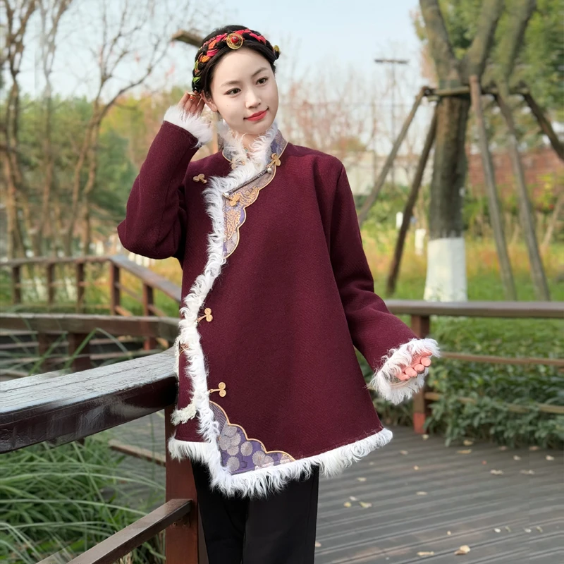 冬季藏式外套女西藏族藏袍羊羔毛中长保暖藏装上衣拉萨服民族风