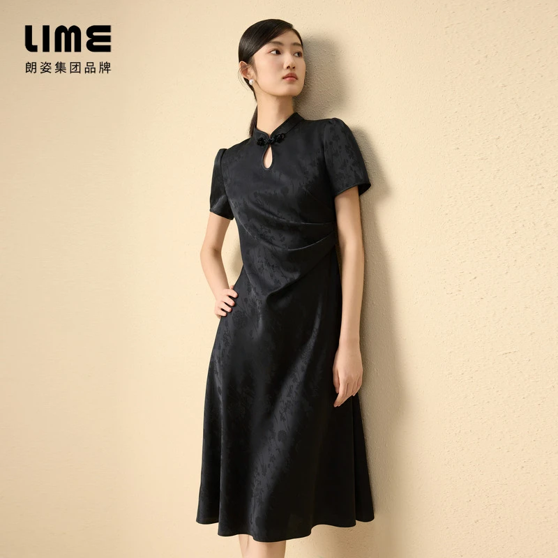 LIME/莱茵【寻觅】夏季新中式旗袍缎面提花连衣裙黑色LDGB4BWOP824