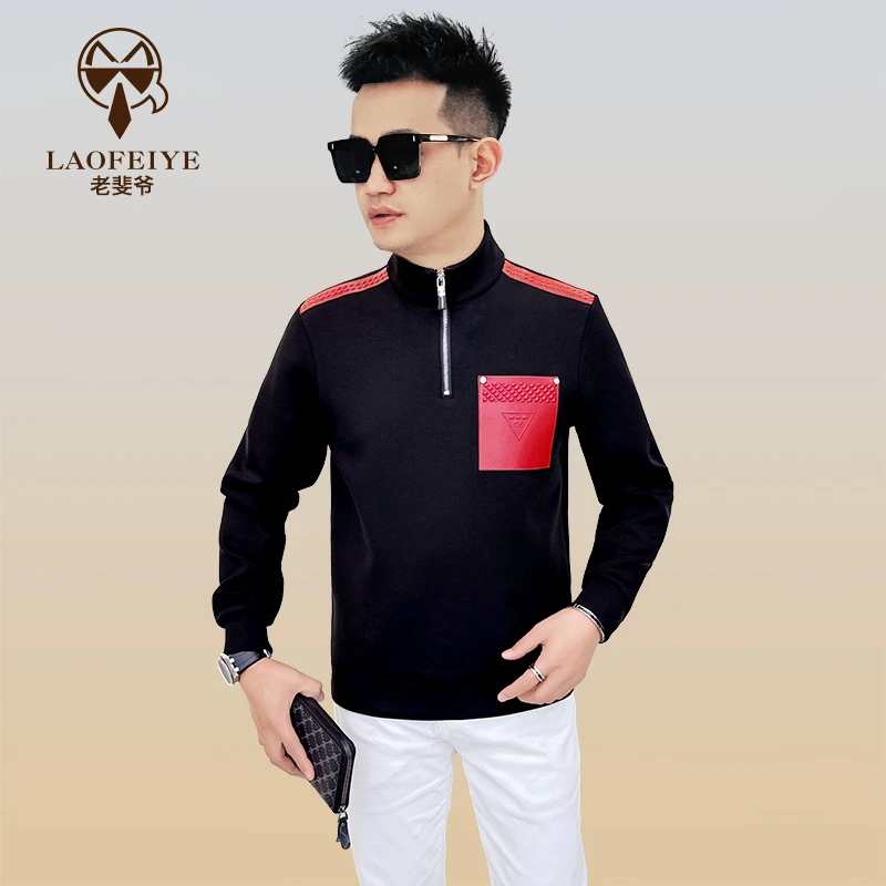 【老斐爷欧品】2025男士秋冬新款长袖中高领时尚百搭潮流绵羊皮卫衣