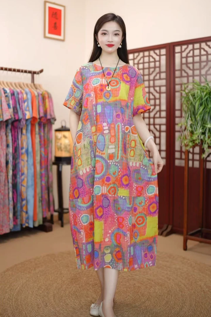[经典彩虹]夏季新款高级气质棉麻柔软遮肚宽松显瘦连衣裙子妈妈装