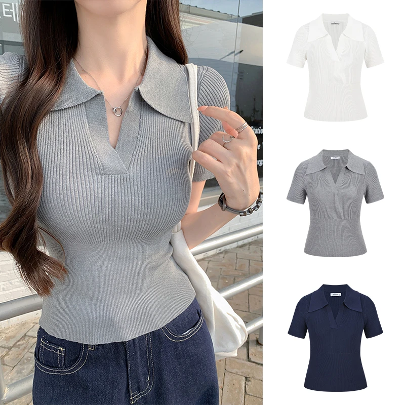 【运补8米】MosesQueen/魔西女王POLO领收腰短袖T恤百搭针织上衣