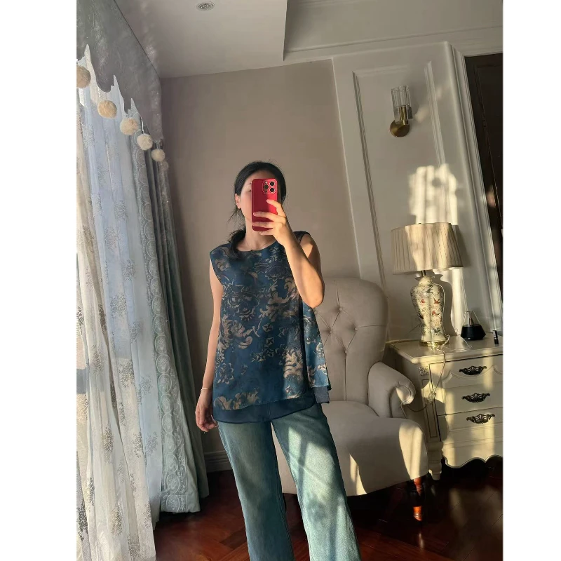 【若衣】复古双层设计感印花拼薄纱无袖圆领宽松上衣250350