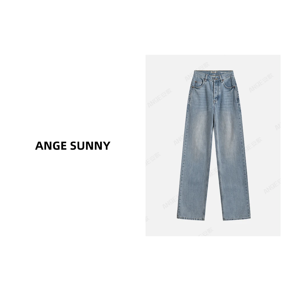 ANGE SUNNY【浅蓝直筒牛仔裤】V型腰新战斧水洗牛仔裤 时尚新款