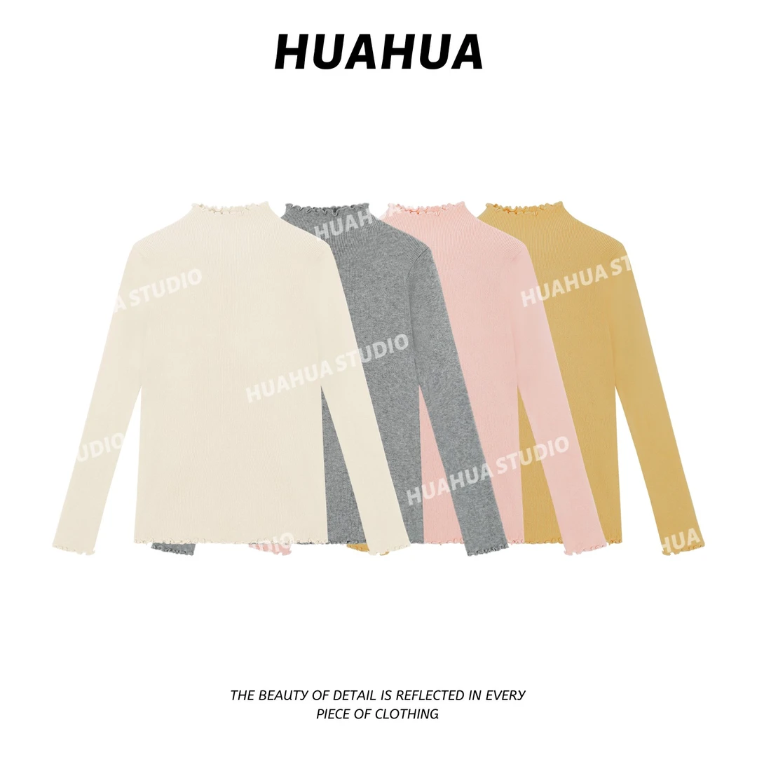 【花花】卷边针织~韩系简约木耳边修身休闲百搭针织打底衫