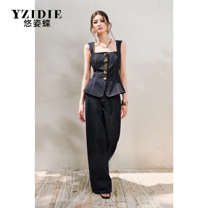 YZIDIE轻盈呼吸感棉定制金属扣马甲＆阔腿裤复古牛仔套装气质显瘦