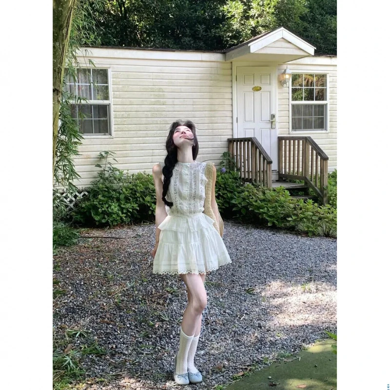 法式甜美少女风半身裙套装女夏季新款高级感气质显瘦无袖背心上衣