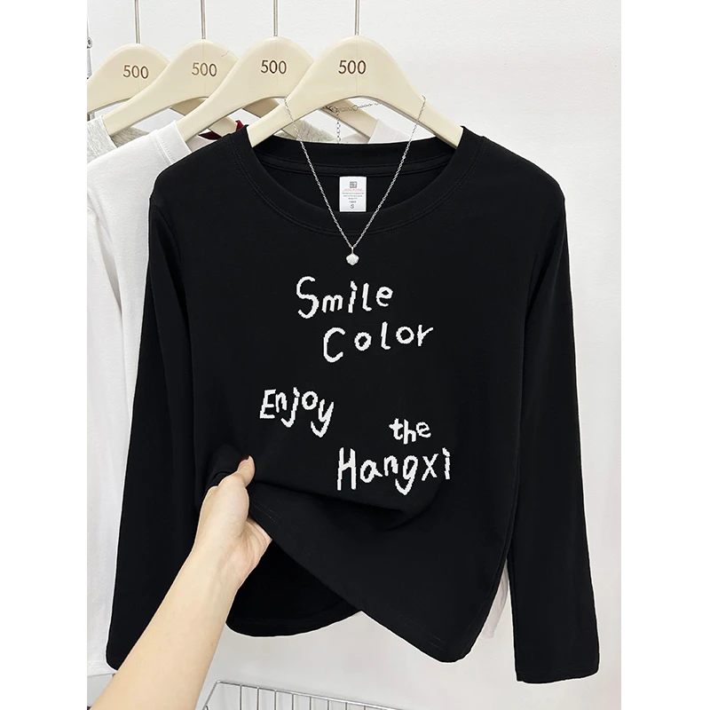 黑色字母印花圆领长袖t恤女秋季胖mm大码休闲内搭打底衫正肩上衣