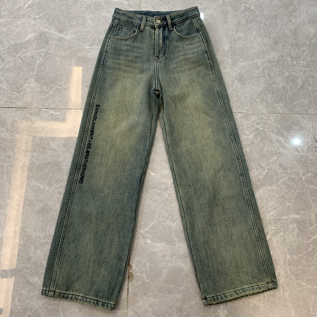 T1525-2【法法专属】加绒腿牛仔宽松百搭直筒拖地裤女冬