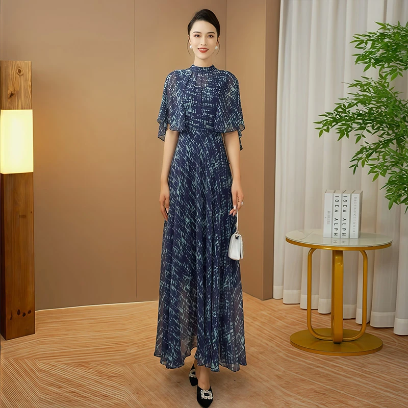 蓝色时尚印花气质连衣裙2025夏季新款修显瘦设计感优雅长裙129