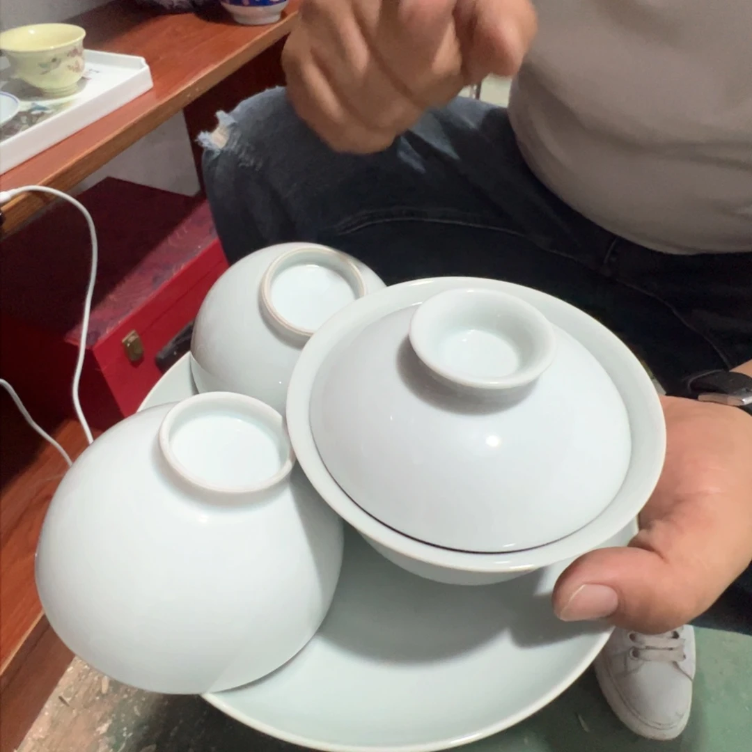 瓷片景德镇陶瓷影青盖碗一套