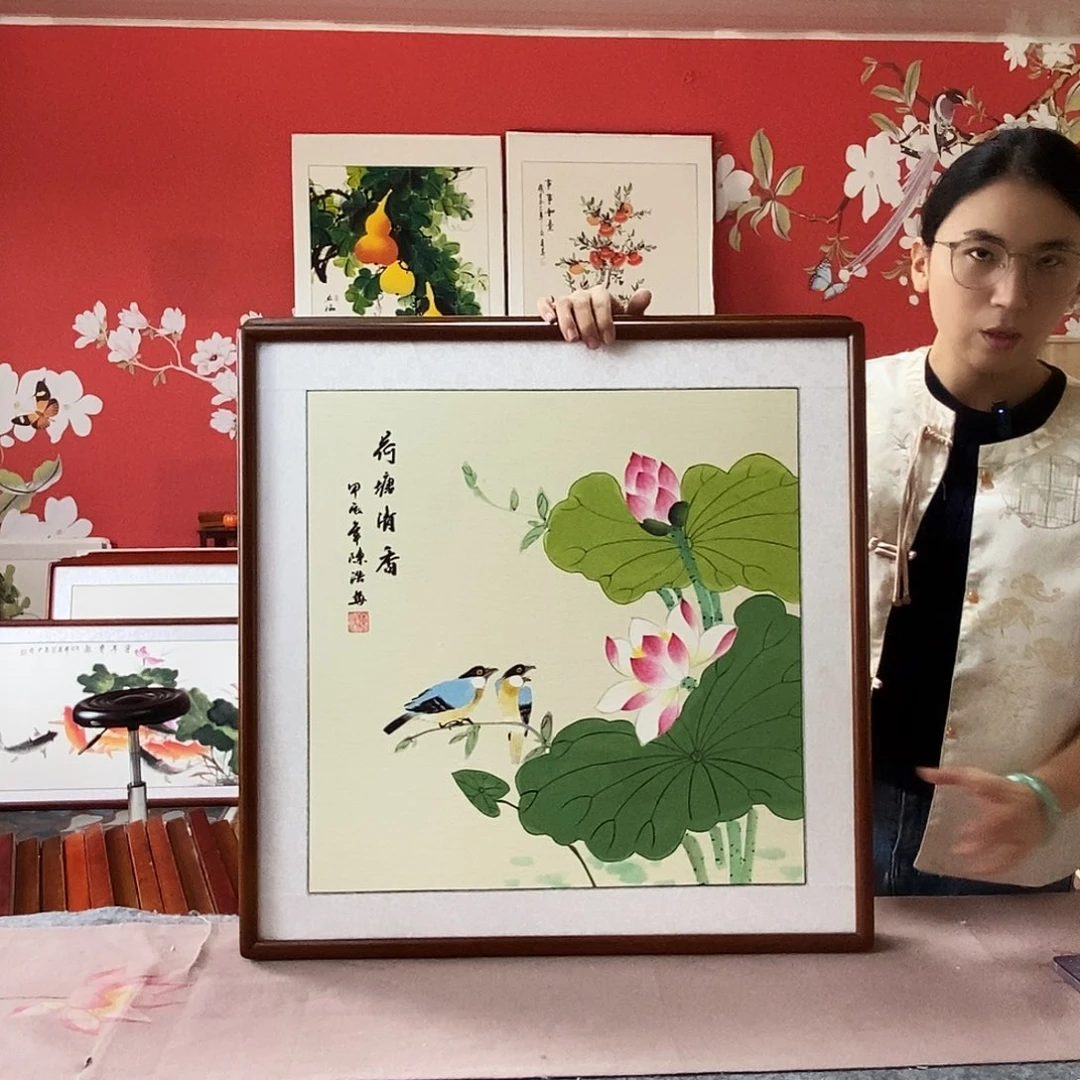 国画手写手绘国画作品带框包邮62✖️62