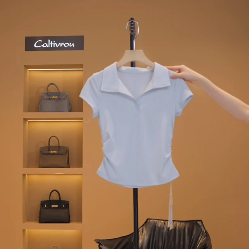 【蕊蕊】正肩压褶修身显瘦短袖T恤-Y15990