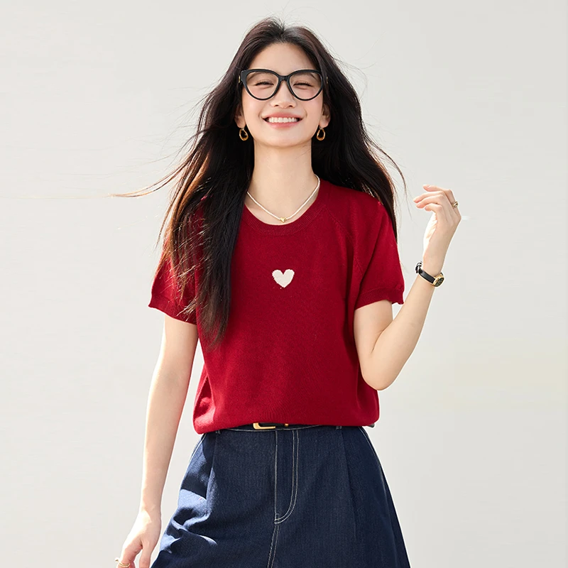 气质简约圆领爱心刺绣针织短袖T恤女2025夏季时尚百搭洋气上衣潮