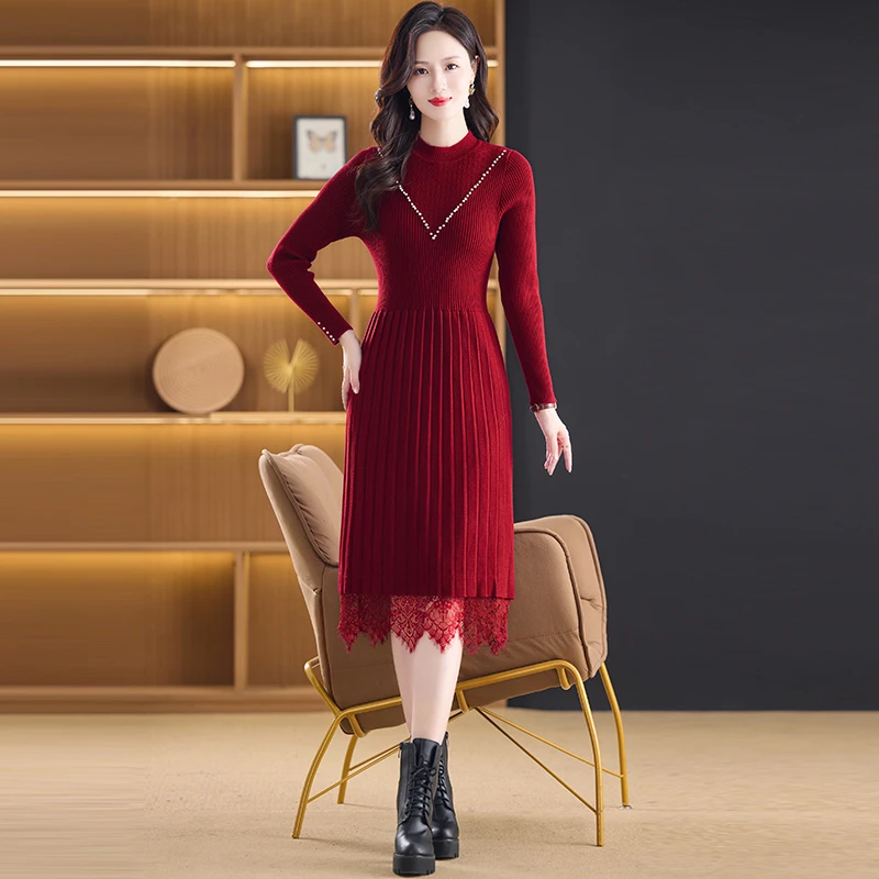连衣裙秋冬季中长款半高领宽松遮肚子洋气妈妈针织长袖蕾丝毛衣裙