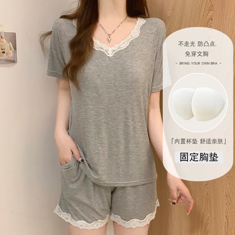 【像裸睡一样舒服】睡衣女夏季莫代尔家居服2025新款女士带胸垫蕾丝