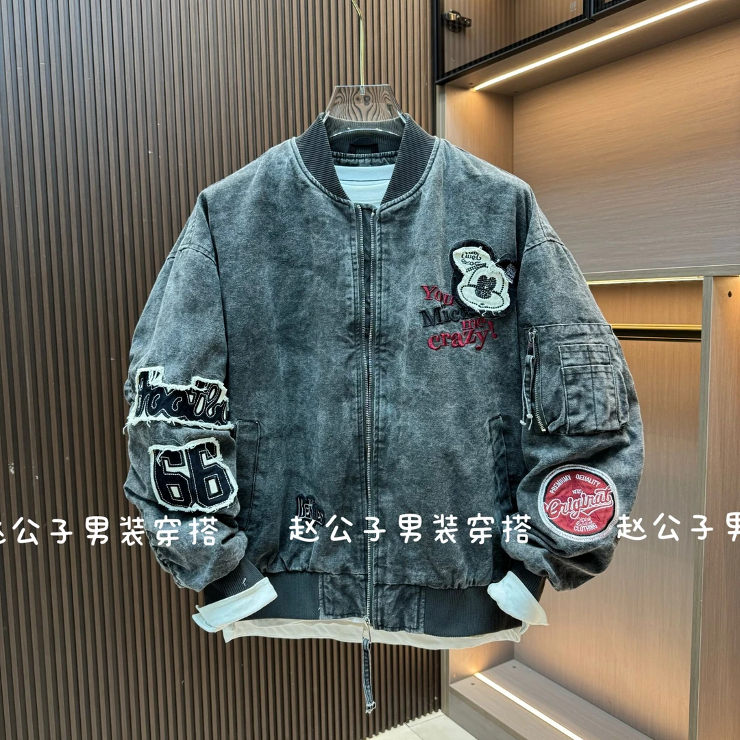 美式棒球服外套男秋季新款宽松贴布百搭圆领男士上衣水洗夹克