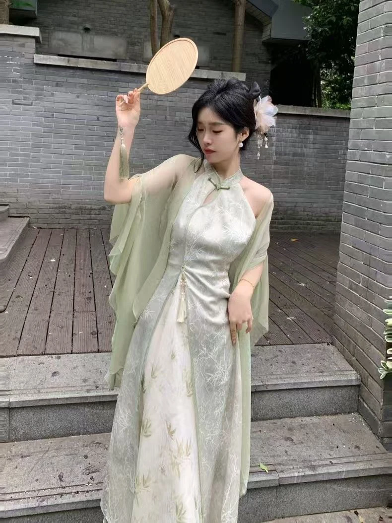 大码胖MM夏季新款中式国风挂脖连衣裙外搭两件套温柔风森系小众