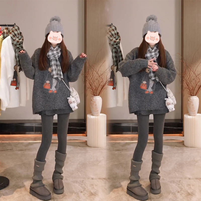 大码宽松保暖毛衣女秋冬新款法式时尚洋气上衣高腰休闲裙裤两件套