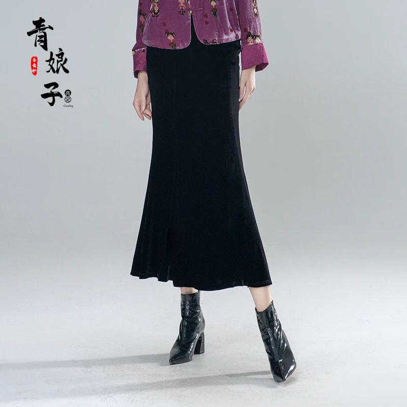 青娘子丝绒（暄妍）时尚气质包臀秋冬黑色显瘦长款冬优雅鱼尾裙-402