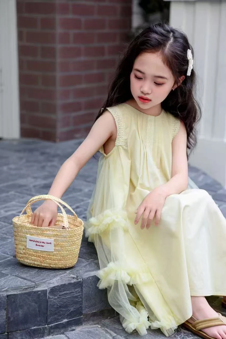 开心嘟嘟儿童裙蓬蓬裙洋气连衣裙裙子宝宝夏季女童纯色无袖棉布裙
