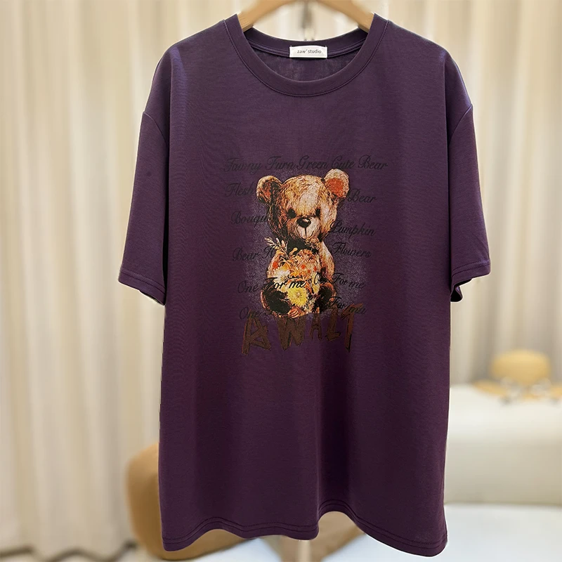 zaw大码女装卡通棉T恤女短袖显瘦遮肚子减龄洋气胖mm上衣/25333