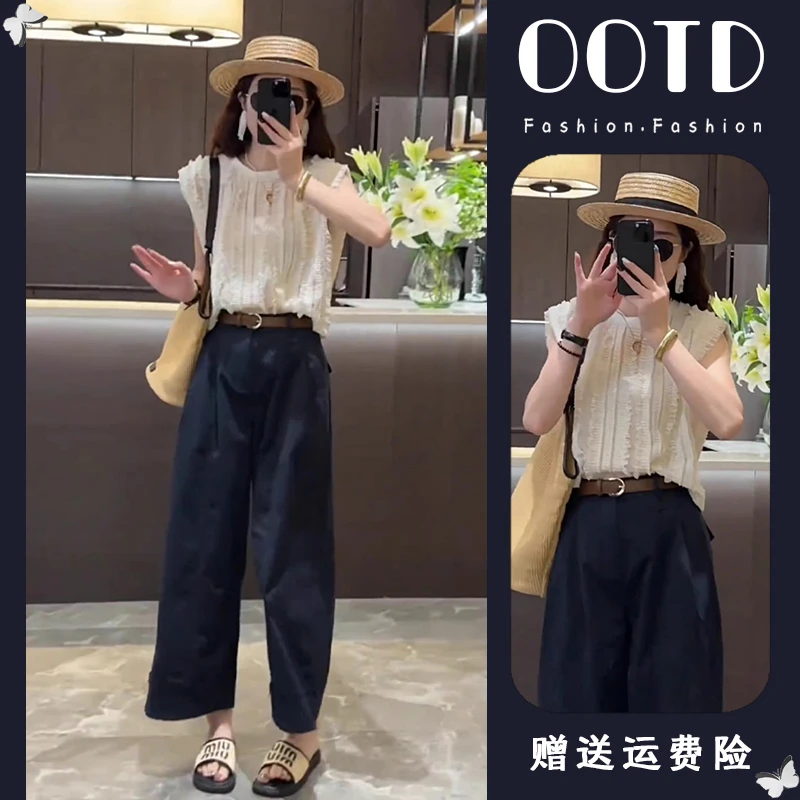 夏季小个子穿搭一整套洋气花边宽松短袖上衣+休闲九分裤两件套女