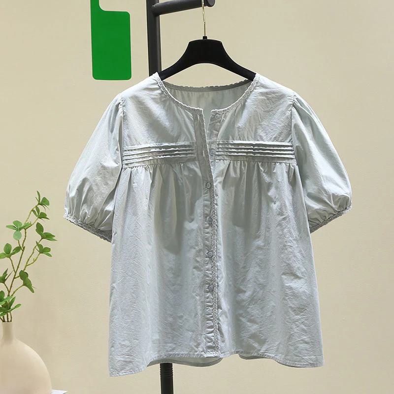 夏季设计感花边圆领衬衫女宽松遮肚子减龄娃娃上衣小众衬衣潮流爆