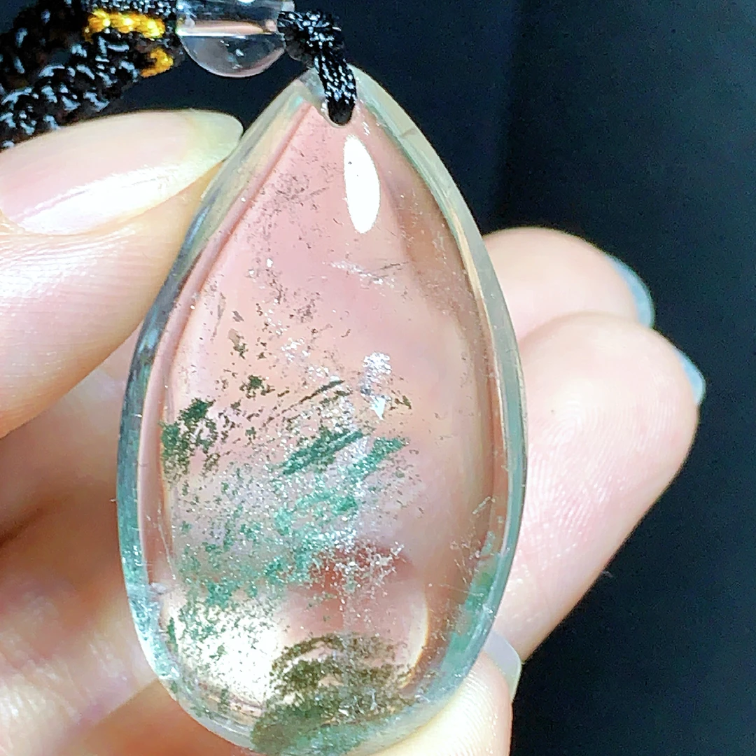 东海水晶天然绿幽灵水晶吊坠毛衣链水滴项坠男女款聚宝盆真品饰品