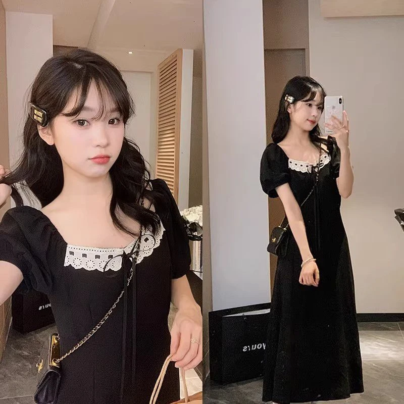 大码赫本裙2025夏季新款连衣裙法式裙子气质方领显瘦学生中长裙潮